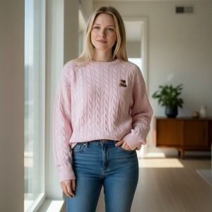 Urban Weekend Pink Cable Knit Teddy Bear Sweater Crewneck Cozy Coquette PreppyXL